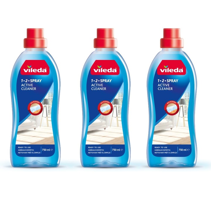 Lichid de curățare Vileda 1-2 Spray, pachet de 3 sticle x 750 ml, soluție fără urme, miros proaspăt