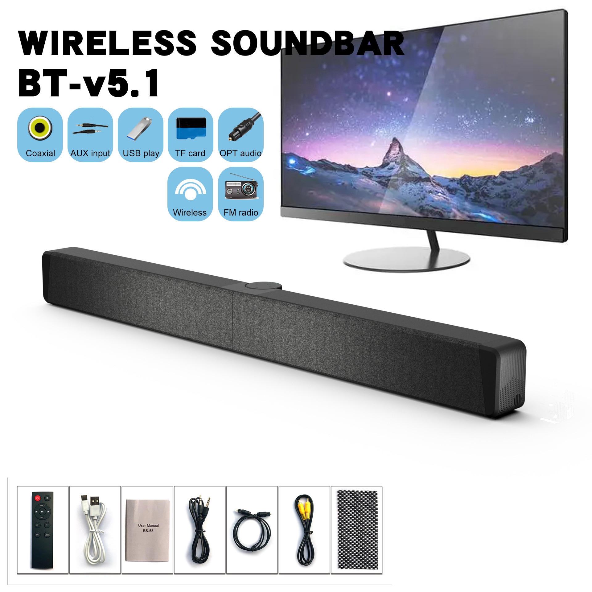 Difuzor de bar, conectivitate Bluetooth, FM, pliere la 180°, calitate a sunetului HIFI, interfata multifunctionala, negru