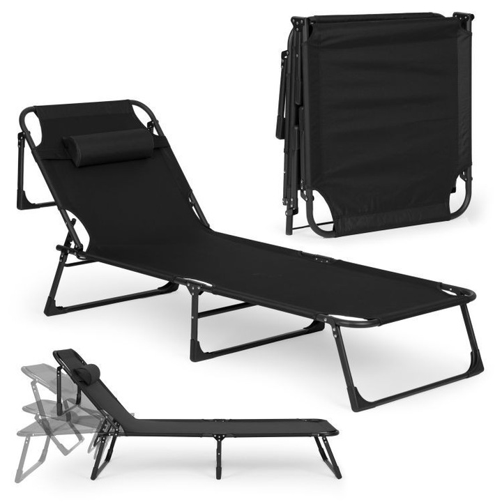 Pat Pliabil, Sezlong cu Perna, Ideal pentru Calatorie, Camping, Gradina, Piscina, Constructie Solida din Otel Inoxidabil, Sarcina max: 120 kg, 193 x 67 x 28cm, Black