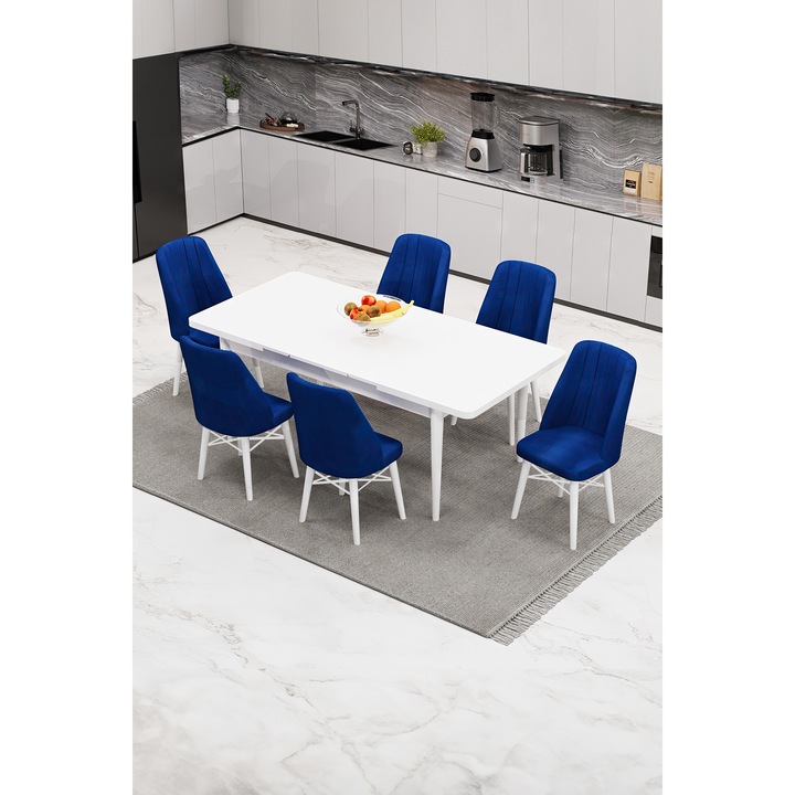 Set masa extensibila Babyface Berlin cu 6 scaune Albastru, dreptunghiulara, blat din pal laminat, tapiterie din stofa catifea, lemn, picioare albe, antik (albe) Masa 80x170x80 cm