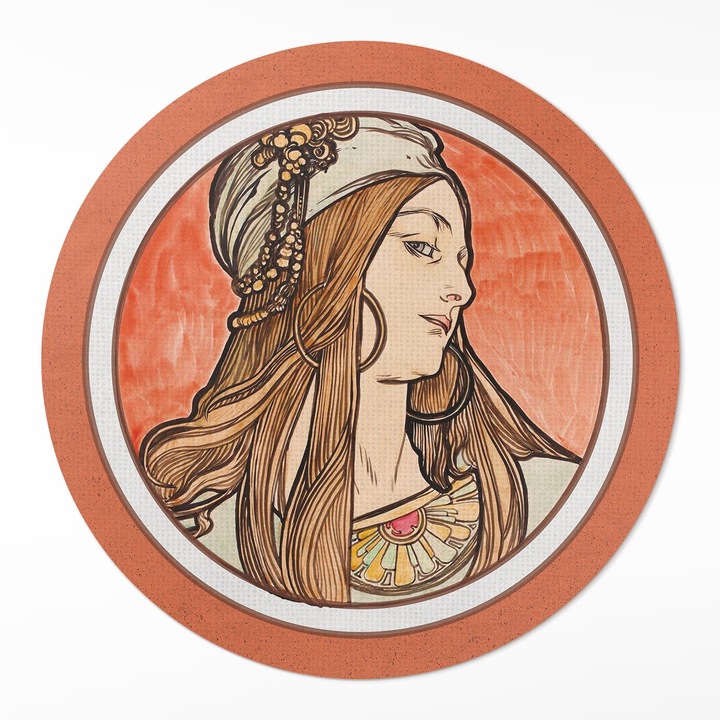 Covor de vinil, Wallfluent, Vitraliu de Alfons Mucha, Portocaliu, Ø 70 cm, Rotund, PVC, 010260360860000281865