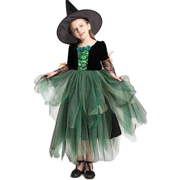 Costum de vrajitoare pentru fetite, cu palarie conica, bagheta, masca, ideal pentru petreceri mascate, Halloween, zile de nastere, 7-9 ani, marimea L