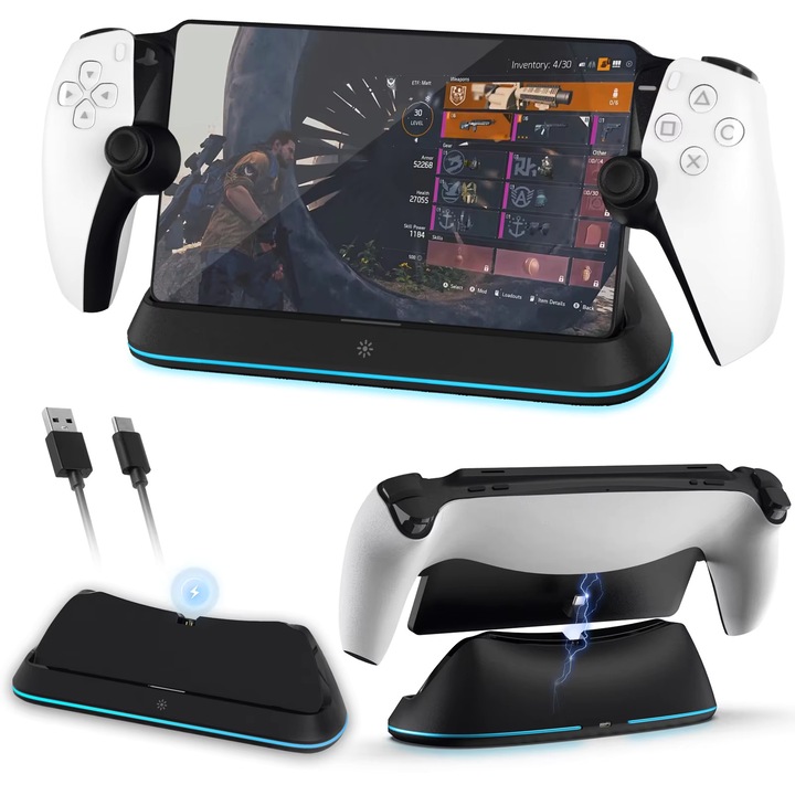 Honcam™ зарядна станция за дистанционен плейър PlayStation Portal, LED осветление, станция за бързо зареждане, черен