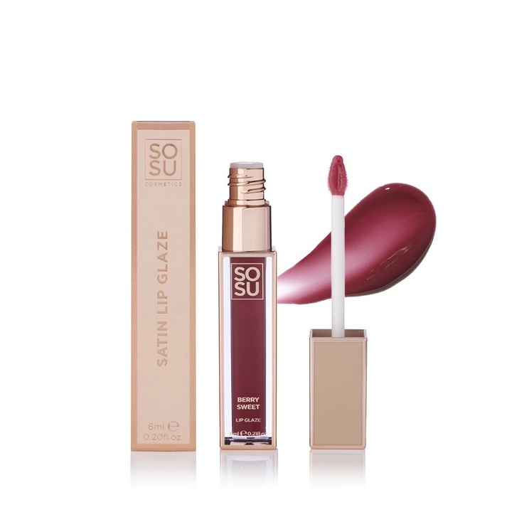 Ruj Satin Lip Glaze Berry Sweet, Sosu, textura satinata, nuanta visinie, vegan