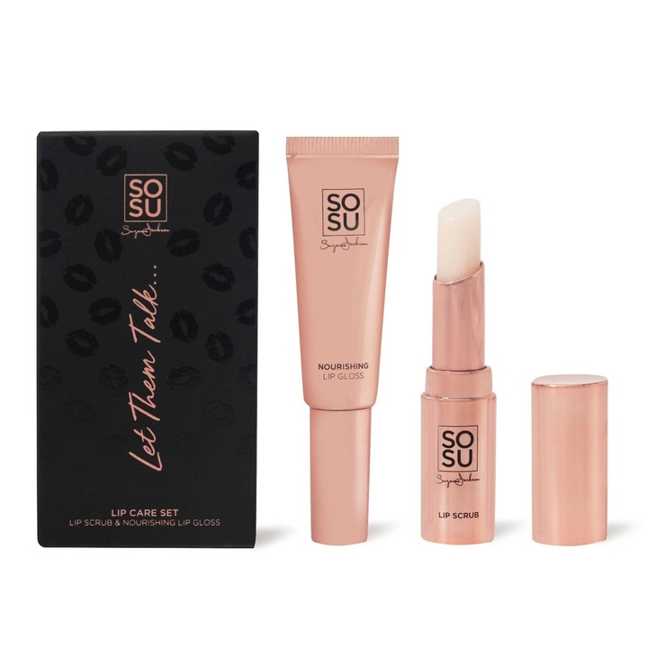 Set de ingrijire a buzelor SOSU, peeling de buze cu aroma de zmeura 3g si gloss hidratant 8.5ml, vegan