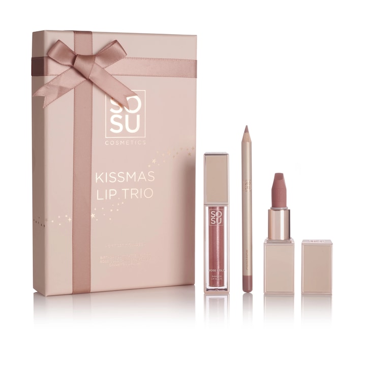 Set ruj si creion de buze SOSU Kissmass Lip Trio, nuanta Birthday Suit, cu luciu de buze stralucitor, 3 produse