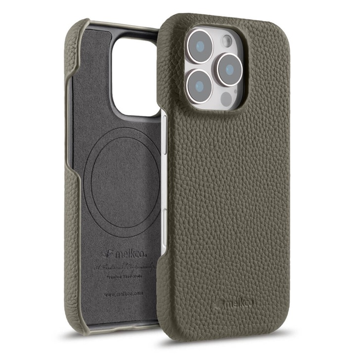 Луксозен калъф Melkco от естествена кожа за Apple iPhone 16 Pro Max, Magsafe, с кожена копче, първокласно качество, ръчно изработен, сив