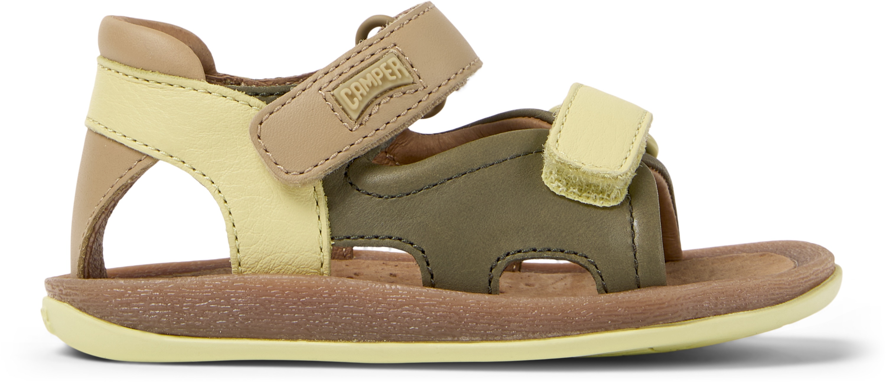 Camper, Sandale de piele cu inchidere velcro, Galben, Kaki, 22 EU