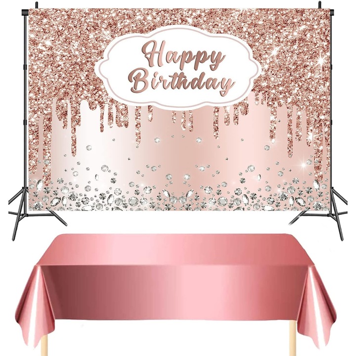 Парти комплект розово злато, покривка за маса 137x270см, фон за снимки 150x90см