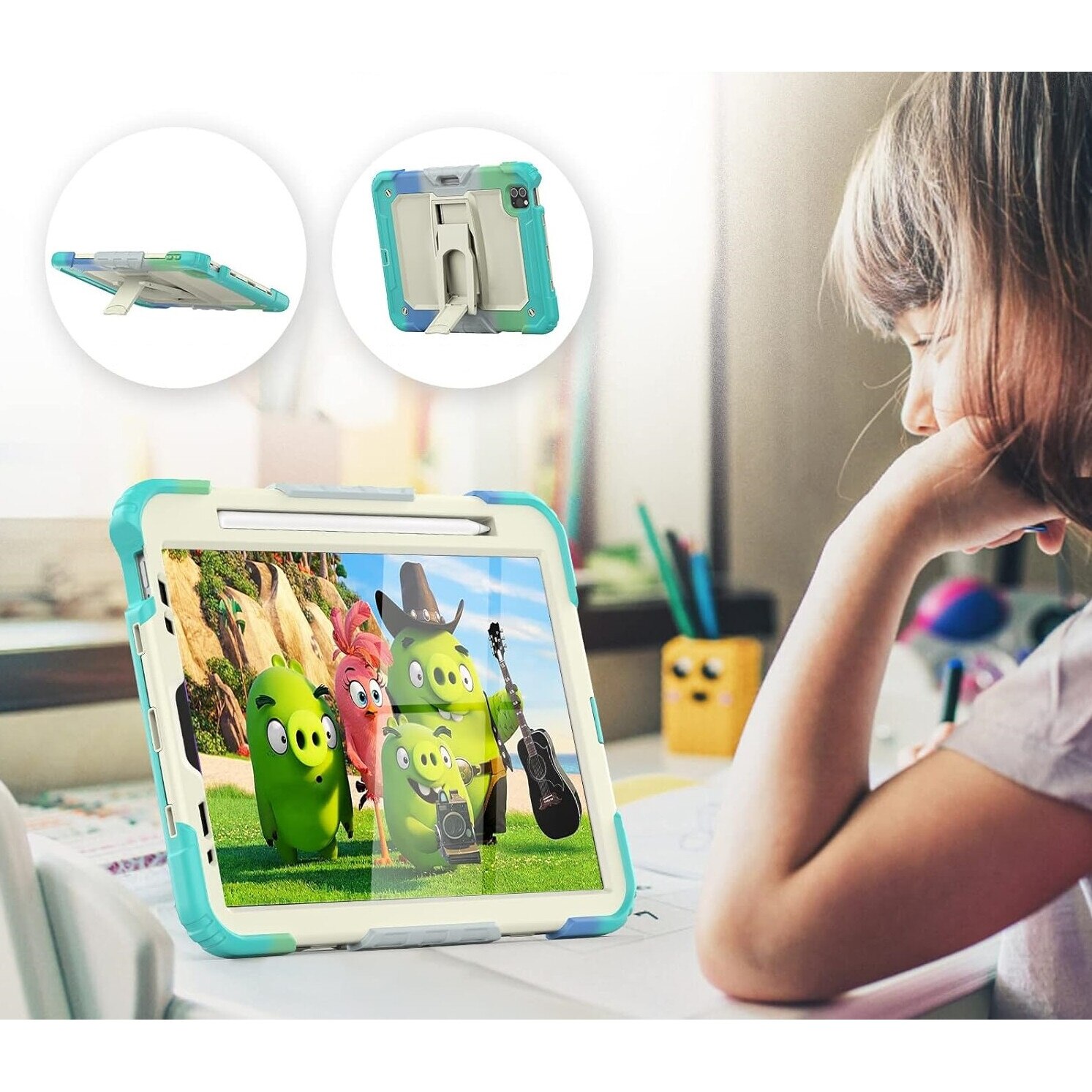Etui pentru tableta cu suport si curea, 11", multicolor, trei straturi de protectie