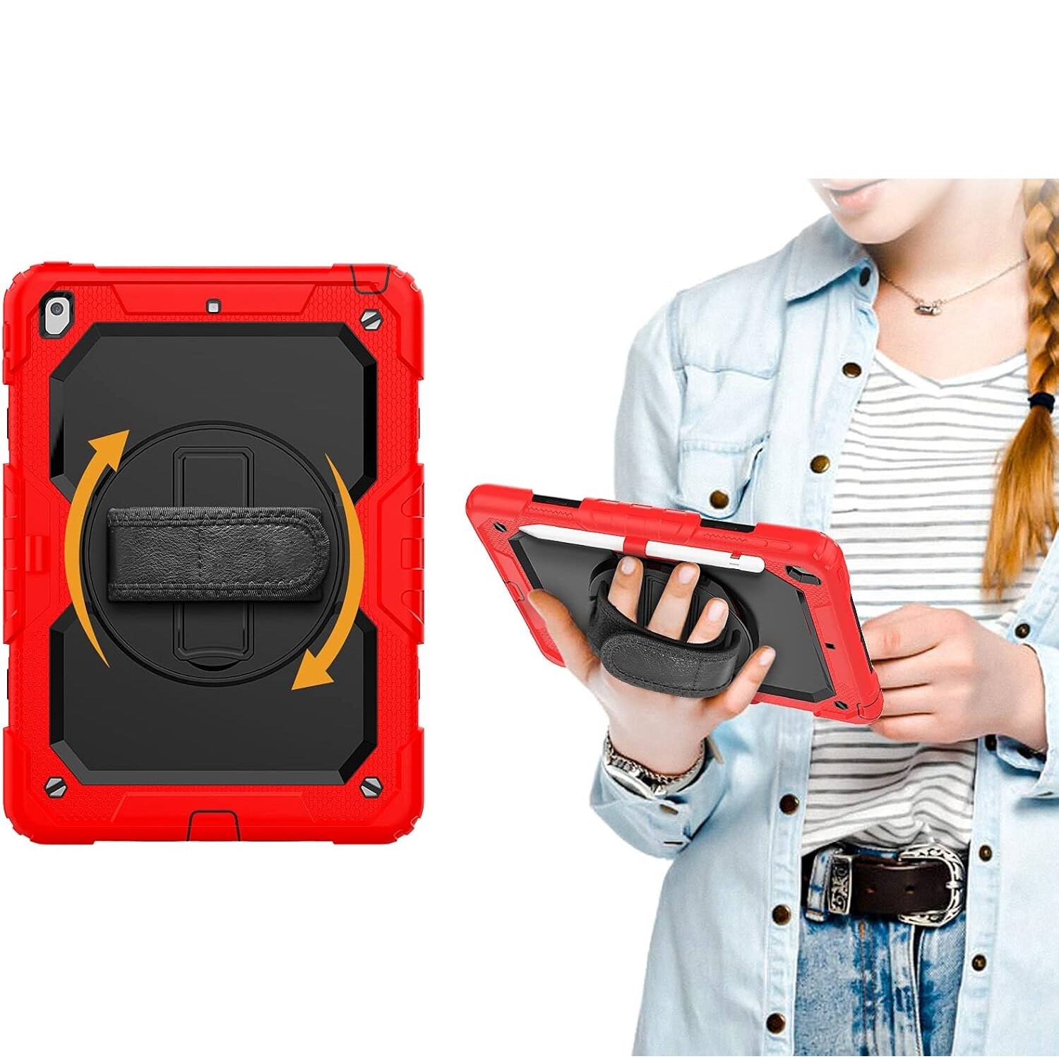 Etui pentru iPad Pro 12.9", rosu, cu suport si curea reglabila, 3 straturi de protectie
