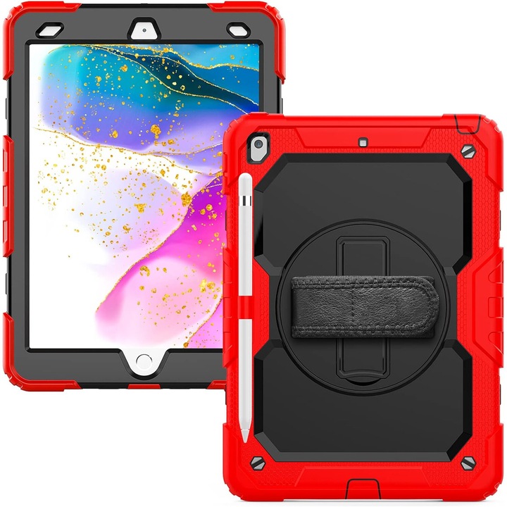 Tok iPad Pro 12.9"-hez, piros, állvánnyal és állítható pánttal, 3 rétegű védelem