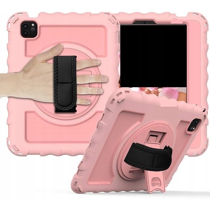 Husa tableta Samsung Tab A 10.1" 2019, 3 straturi, roz, cu suport rotativ si curea ajustabila