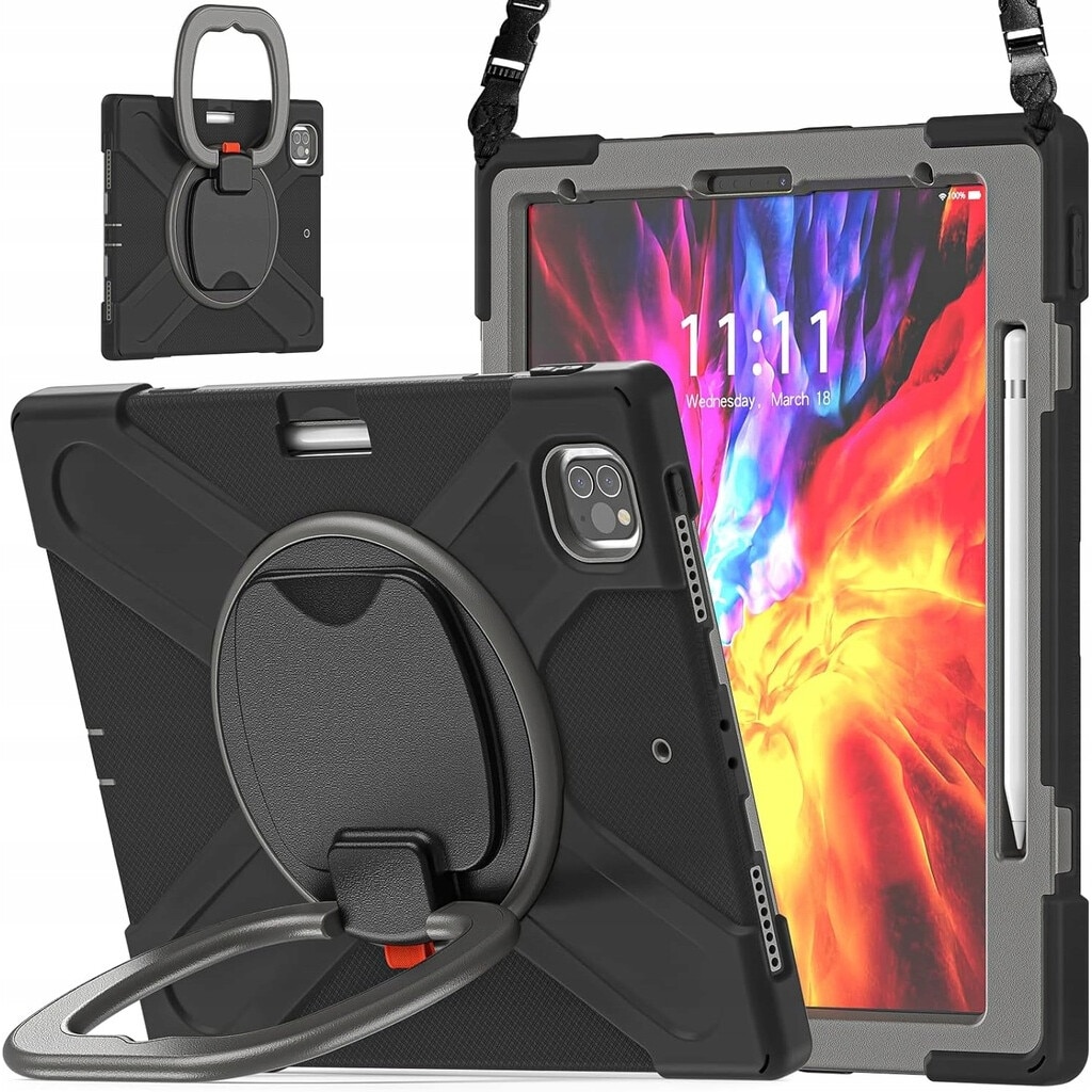 Husa tableta 12,9", cu suport si curea, neagra, trei straturi de protectie