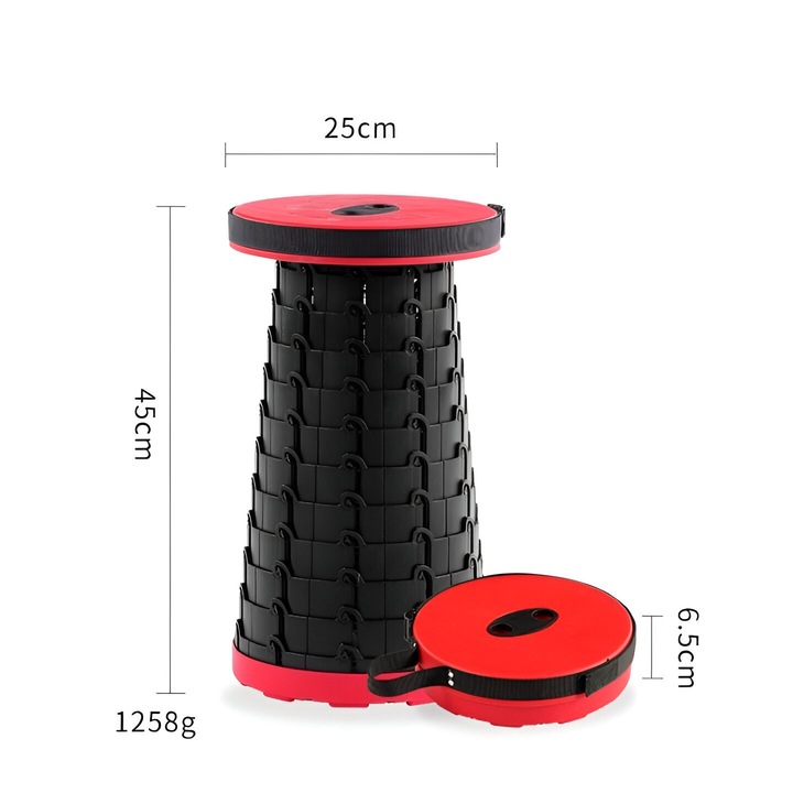 Scaun Pliabil Telescopic Camping, Pescuit – Rosu-Negru, 150kg, 45cm