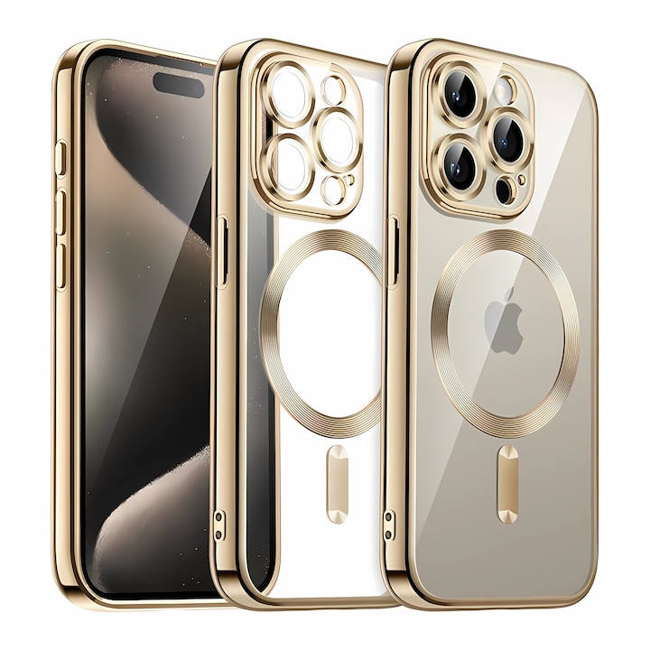 Калъф за Защита Bervolo® MagSafe, Съвместим с iPhone 16 Pro Max, Прозрачен, Устойчив на Пожълтяване, Удароустойчив и Устойчив на Надраскване, Подсилени Ръбове, Златен