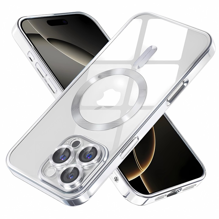 Husa de Protectie Bervolo® MagSafe, Compatibila cu iPhone 16 Pro Max, Transparenta, Anti-Ingalbenire, Rezistenta la Socuri si Zgarieturi, Margini Ranforsate, Argintiu