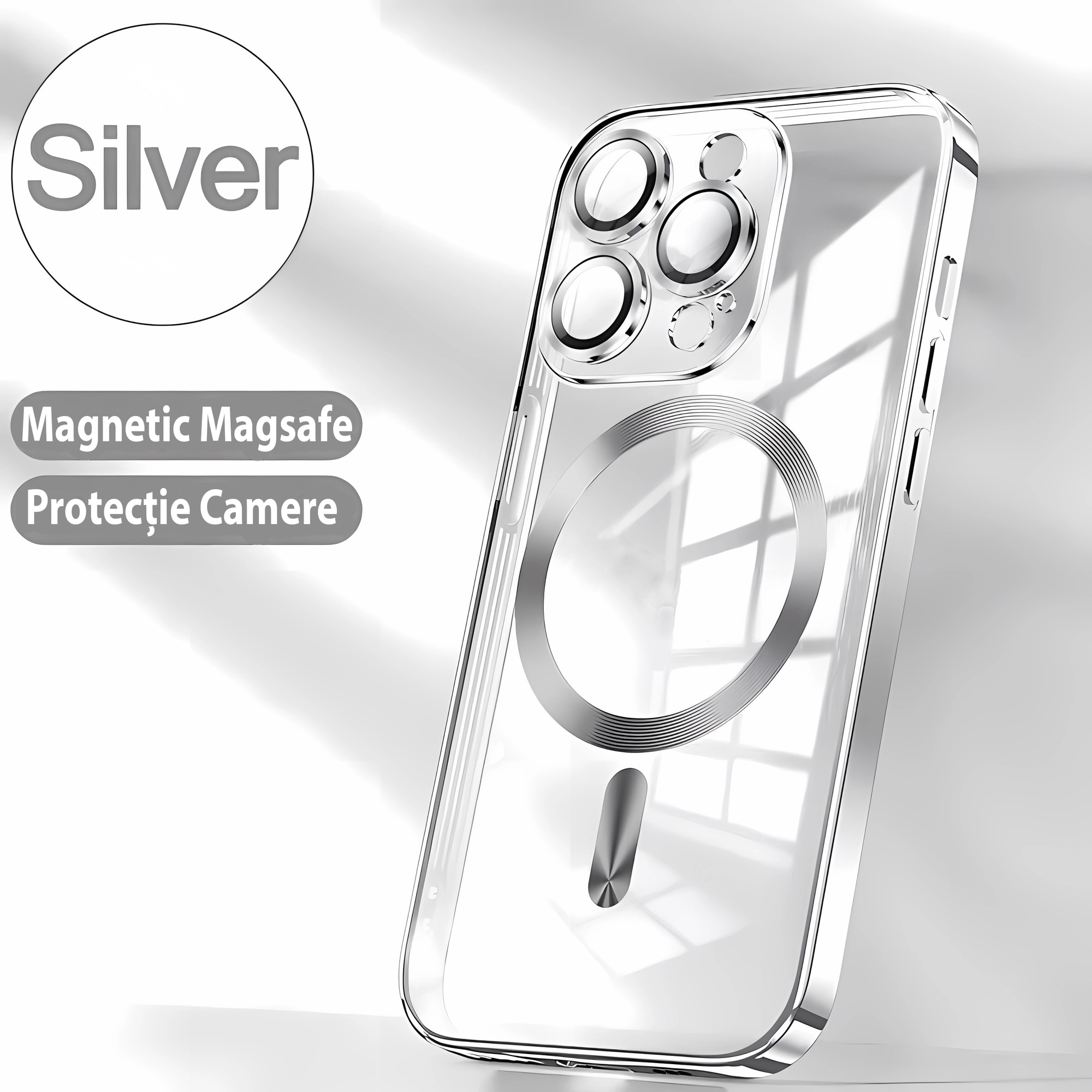 Husa de Protectie Bervolo® MagSafe, Compatibila cu iPhone 16 Pro Max, Transparenta, Anti-Ingalbenire, Rezistenta la Socuri si Zgarieturi, Margini Ranforsate, Argintiu