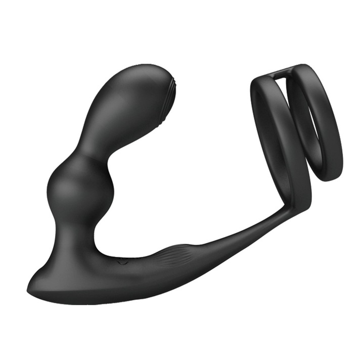 Inel penis cu dop anal si telecomanda Pretty Love Marshall, 12 vibratii, silicon moale, 9.5 cm inserabil, USB + baterie AAA