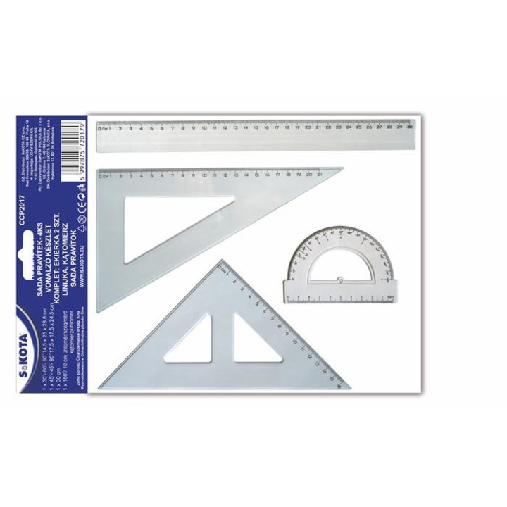 Set instrumente geometrice, Sakota, 4 piese, Plastic, Transparent