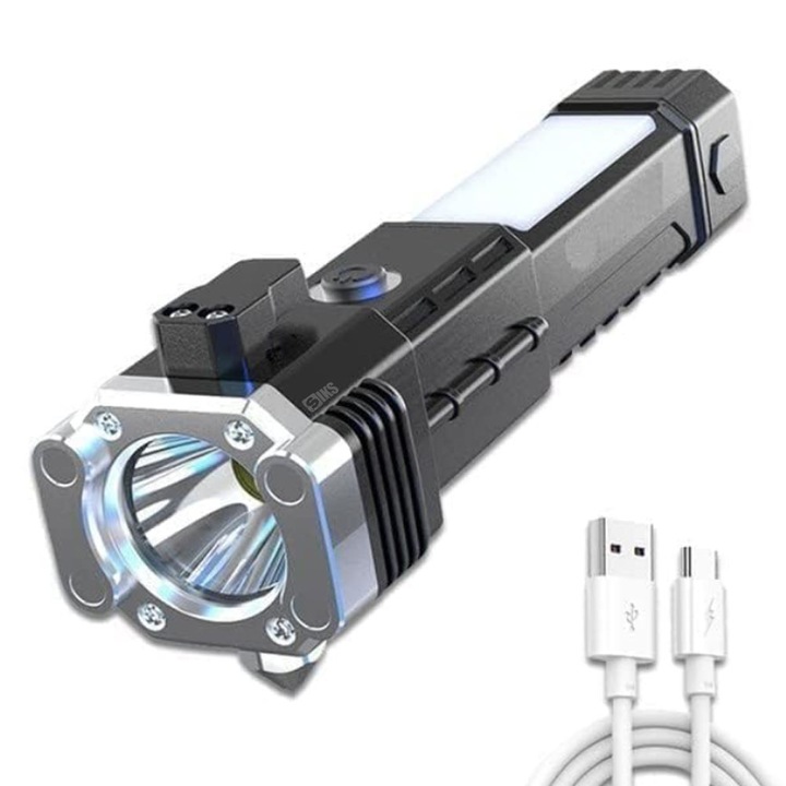 SIKS LED фенер, оборудван с предпазен чук и нож, магнит, USB зареждане, батерия, 300 lm, IP44 устойчивост на влага, ABS материал, черно/сребристо