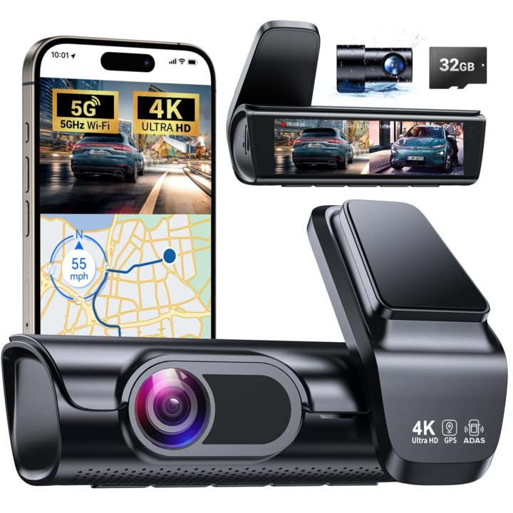 Camera Auto AutoVolt K08, Ultra HD 4K+1080P, 32GB Card inclus, Aplicatie IOS si Android, WIFI, Camera spate, G-Sensor, Monitorizare parcare, Night Vision, ADAS Camera de bord Ultracompact, Dash Cam, Camp Vizual Ultra-Larg De 170°, 5GHz