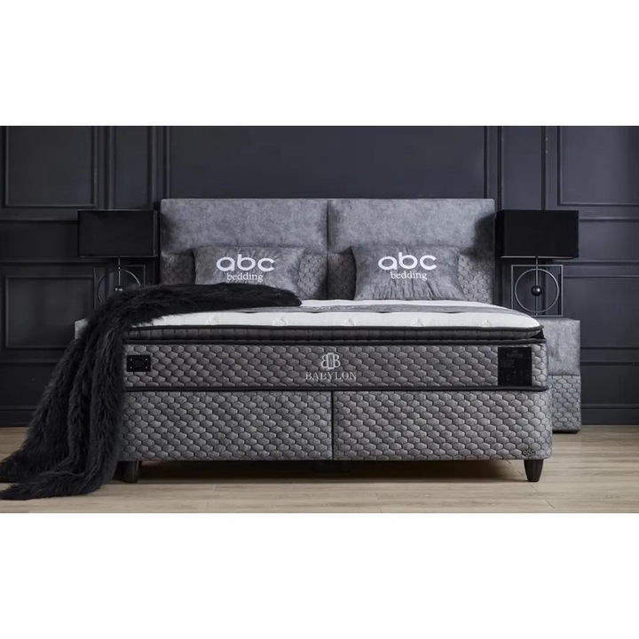 Pat Tapitat Gri Inchis Babylon 160x200 cm, cu Somiera Rabatabila, Lada Depozitare – Design Elegant & Functional