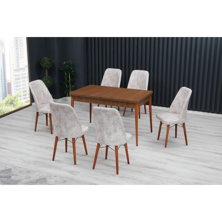 Set masa extensibila Berlin cu 6 scaune Crem, dreptunghiulara, blat din pal laminat, picioare lemn, tapiterie din material textil, Barok Masa 80x170x80 cm