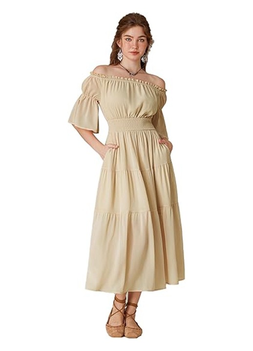 Rochie renascentista SCARLET DARKNESS pentru femei, rochie lunga maxi, stil cottagecore, bej, Bej, L