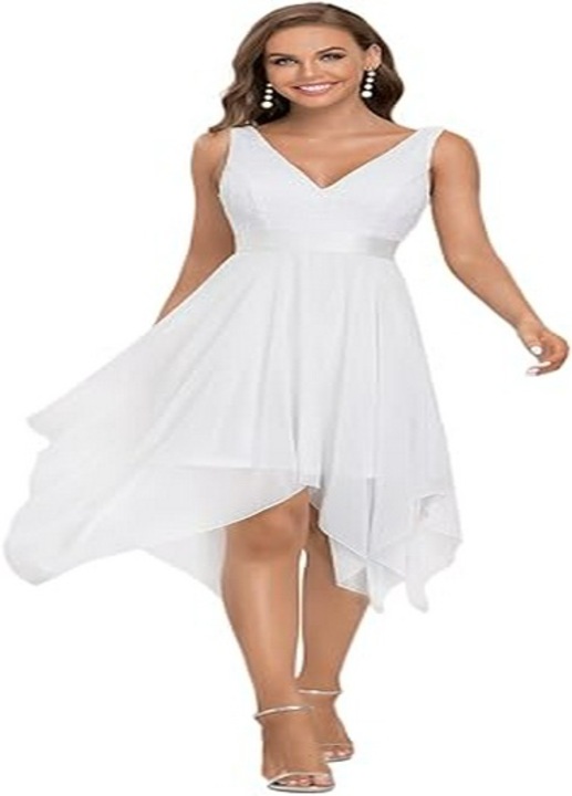 Дамска елегантна рокля EverPretty, ластик, V-образно деколте, размер 48, бяла