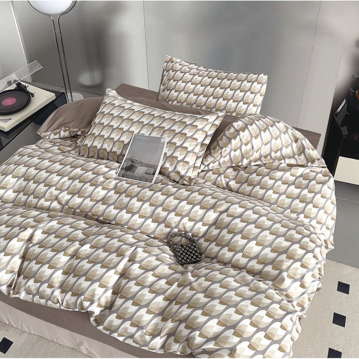 Set lenjerie 1 Persoana, Lenjerie copii, Pucioasa, Finet/Bumbac, 4 piese, Cearceaf de pat 160x220 cm, Cearceaf pilota cu Doua Fete 155x200 cm, 2 fete de perna 55 x 75 cm, Bej/Maro, Model Dungulite, Y60-31