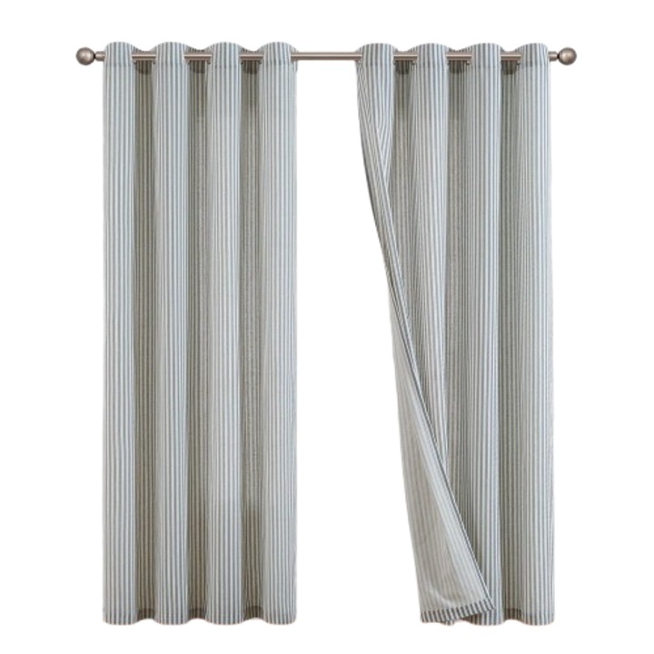 Set 2 perdele TOPICK, din in, cu dungi, moderne, filtrare lumina, 130 x 225 cm, Bej si Albastru