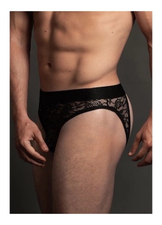 Lenjerie intima barbati Allure, dantela transparenta, elastic, deschidere spate, negru, S-M