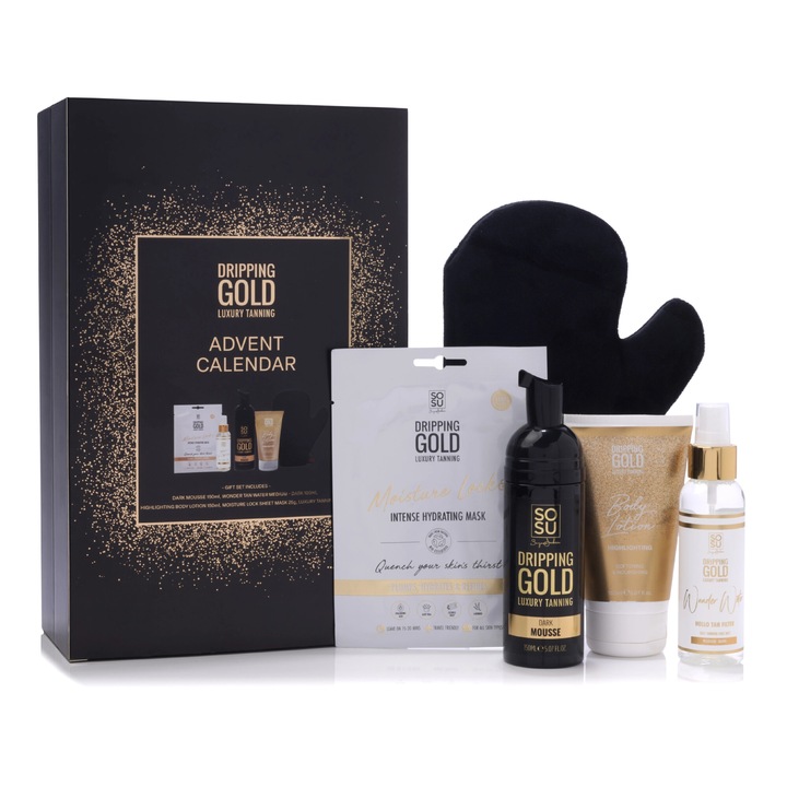 Set Advent Calendar Dripping Gold, autobronzant, masca hidratanta, crema iluminatoare, manusa aplicare