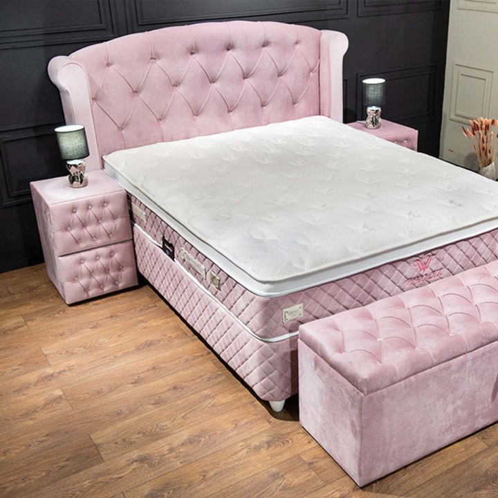 Pat Tapitat Roz Visco Lux 160x200 cm, cu Somiera Rabatabila, Lada Depozitare – Design Elegant & Functional