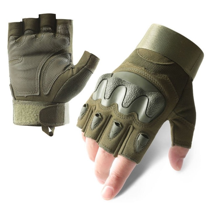 Manusi Tactice fara degete, Marimea XL, Armatura de Protectie din Cauciuc, Palme Antiderapante, Respirabile, Ajustabile cu Velcro, HIPOLAR, Verde Militar