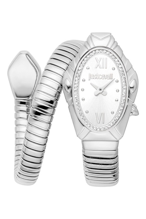 JUST CAVALLI, Часовник от неръждаема стомана с кристали, Сребърен