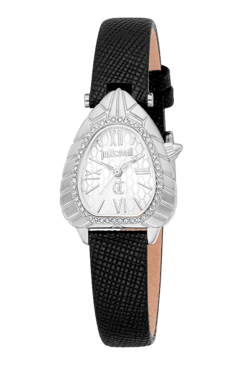 JUST CAVALLI, Ceas cu o curea de piele si cristale zirconia pe carcasa, Negru