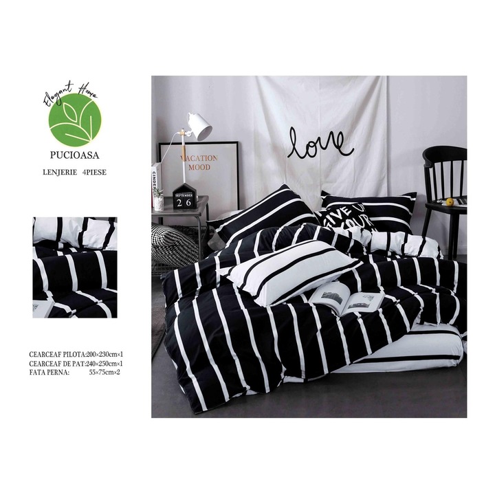 Lenjerie De Pat Bumbac Satinat Superior - Neagra Cu Dungi