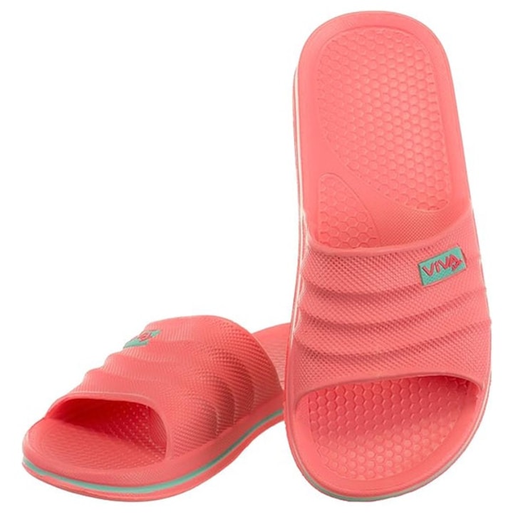Papuci de plaja sau piscina pentru femei cu dungi laterale pe talpa, Roz, 37