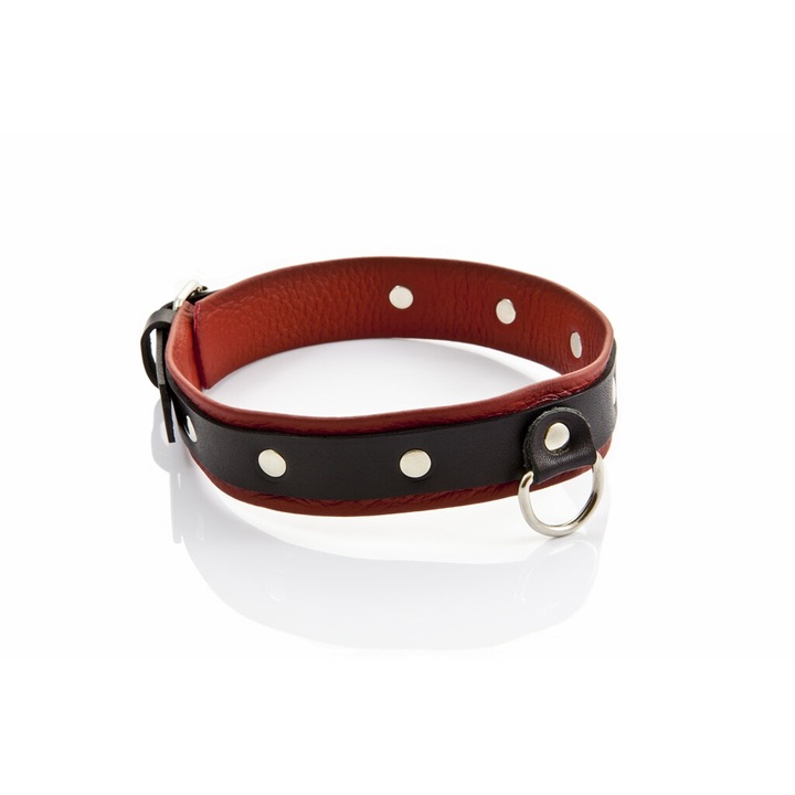Zgarda de BDSM WHIPS Collection, 3 cm, reglabil 36-42cm, piele naturala, negru/rosu