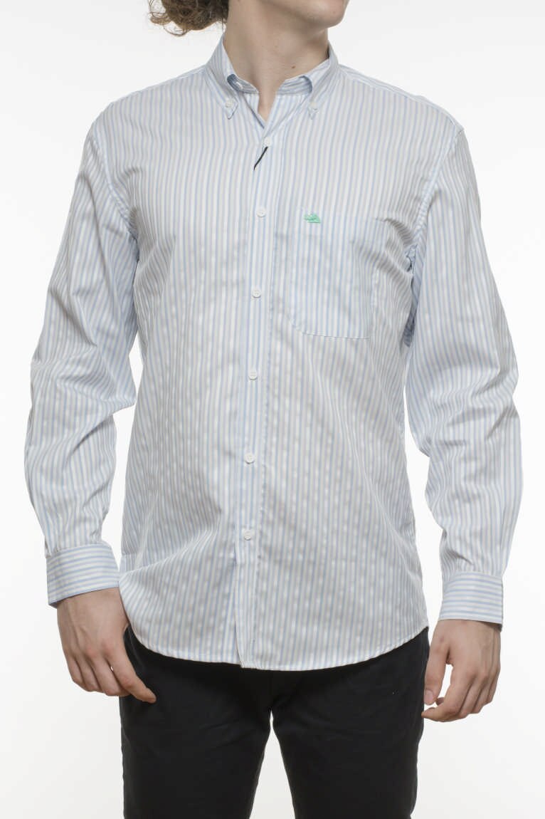 Camasa cu maneca bleu albastru dungi, Alb/Bleu/Gri