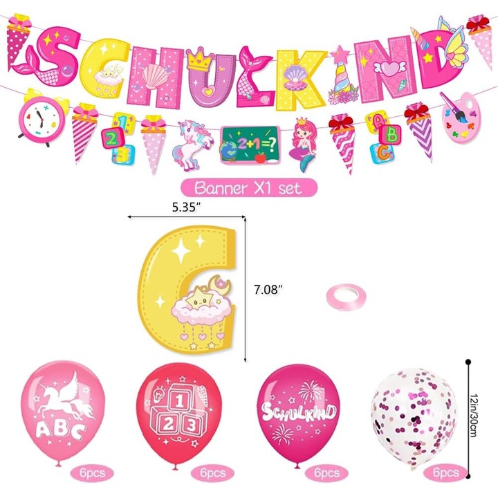 Set decoratiuni prima zi de scoala, cu text in limba germana, pentru fete, banner, ghirlanda, baloane cu motiv ABC 123, Multicolor