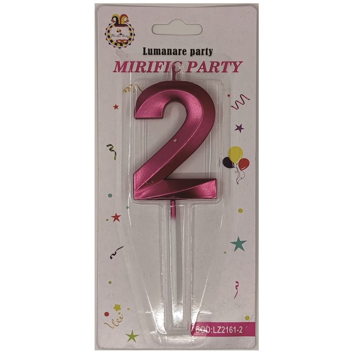 Lumanare tort, culoare roz metalizat, 7 cm, cifra 2