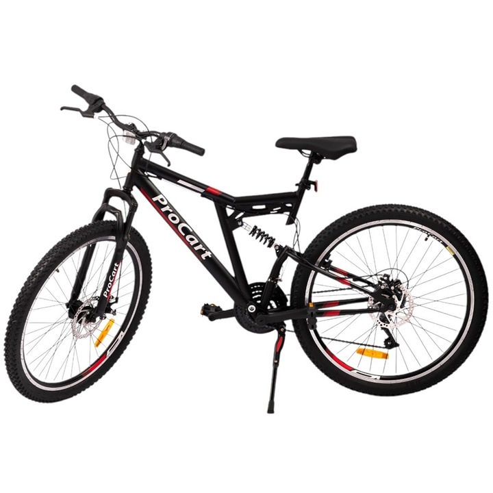 MTB велосипед 26 инча, PROCART, пълно окачване, 21 скорости, дискова спирачна система, стоманена рамка, червен