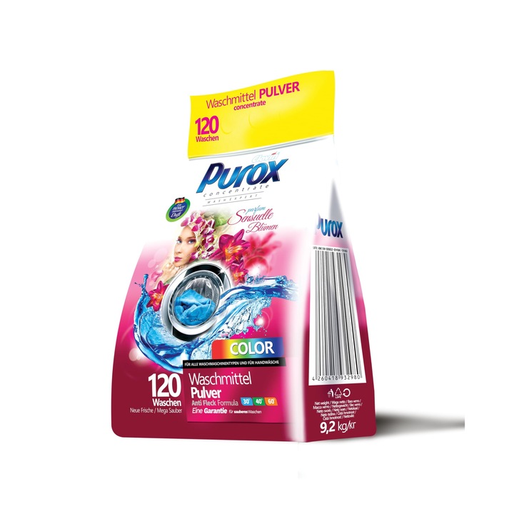 PUROX COLOR Sensuelle Flowers mosópor fóliatasakban (120 mosás) - Színes textíliákhoz, Virágos illattal, Folteltávolító, Ökológiai, Vízkő elleni védelem, 9,2 kg