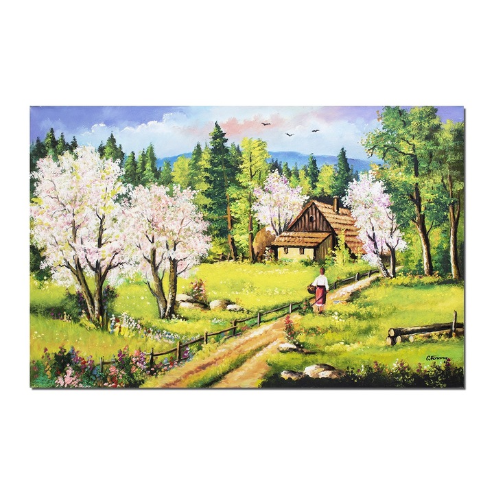 Tablou peisaj de primavara pictat manual, Pe plaiuri mioritice, 120x80cm ulei pe panza, Constantin Feraru