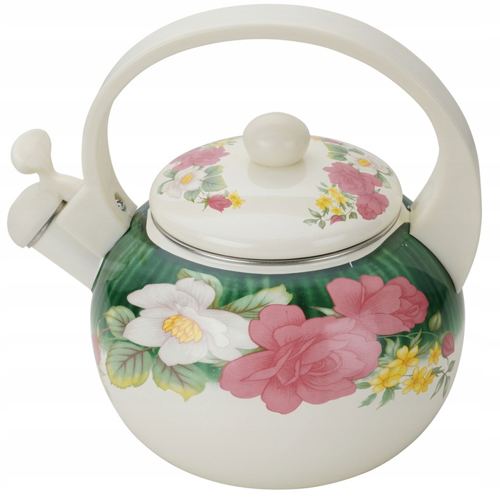 Vízforraló Síppal, Masterpan, 2.2 L, Indukció Gáz, Virágminta, Retro, Zománcozott, Szénacél, Fehér