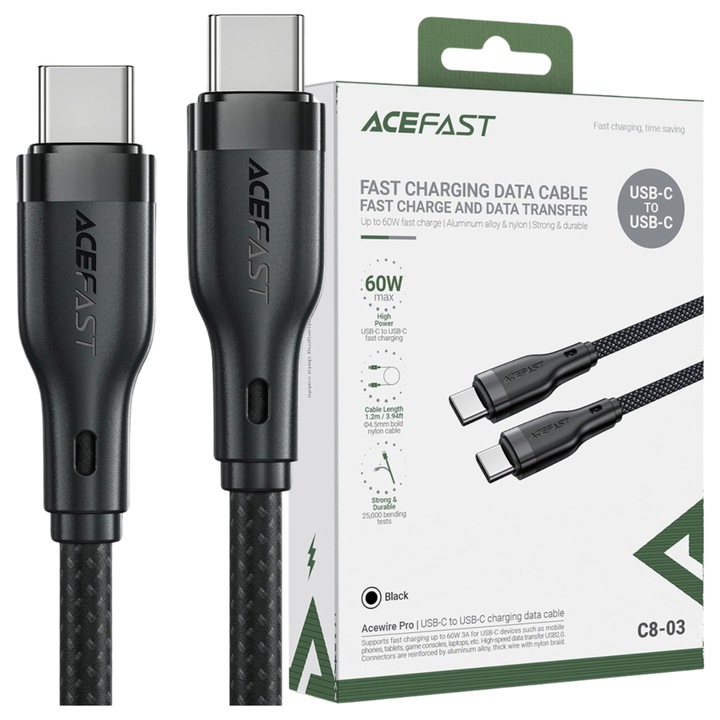 Cablu de date Acefast C8-03 USB-C / USB-C 60W 3A, negru, set 1x