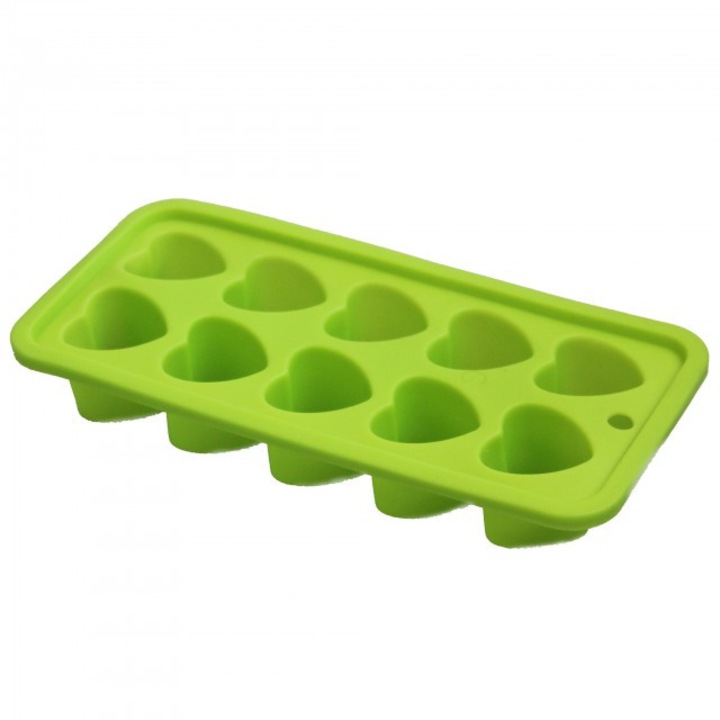 Forma din silicon pentru cuburi de gheata sau ciocolata KingHoff, 10 inimioare, Verde